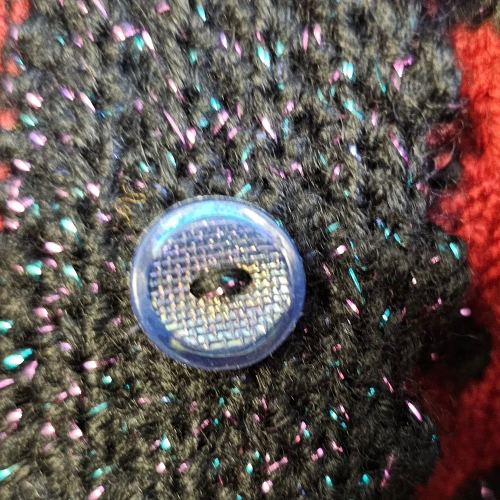 Vintage‎ Red Black Metallic Knit Cardigan Sweater Polka Dot Button Front Shimmer